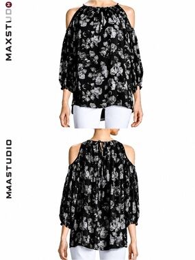 MAX STUDIO S Top Cold Shoulder Black Floral Print Blouse Long Sleeve EUC Sz S